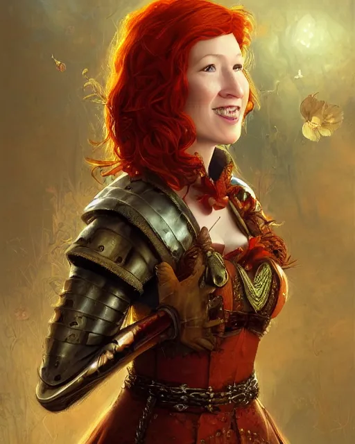 Prompt: fantasy portrait of a happy young women looking like Ellie kemper with red hair and freckles, slight smile, renaissance colorful dress, leather armor, music instrument in hand, backlit, made by Karol Bak, Artstation, 2d digital art sfw