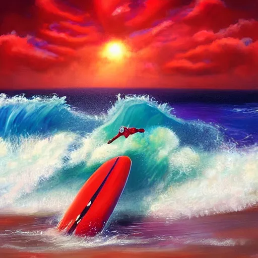 Image similar to red robot surfing the wave, island in the background, oil painting, tropical style, 3 d digital art