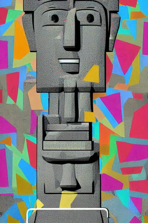 Image similar to cubist moai statue cutout digital illustration cartoon colorful beeple