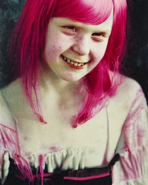 Image similar to an instant photo of a beautiful but sinister, smiling girl in layers of fear, with haunted eyes and pink hair, 1 9 7 0 s, seventies, delicate embellishments, a little blood, crimson, painterly, offset printing technique, mary jane ansell