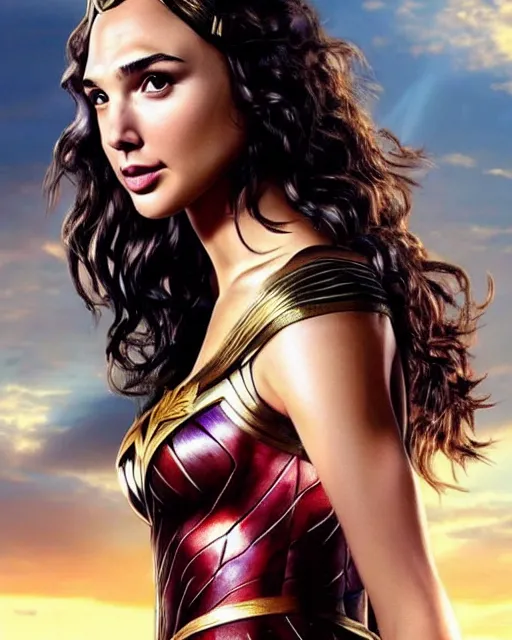 Image similar to gal gadot as a hot Greek goddess in the sky, highly detailed, detailed face, beautiful face, hyper realistic