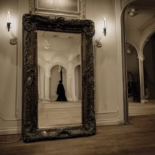 Image similar to a beautiful victorian woman is frightened by her doppleganger in a mirror. she is in a long hallway of mirrors. elegant design, haunting atmosphere, dimly lit, gothic, horror style, realistic, low angle, 3 / 4 view.