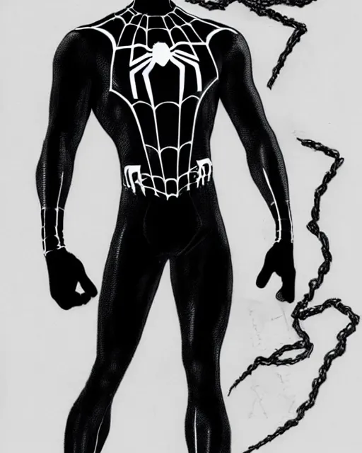 Prompt: black spider - man suit with white webbing, photorealistic, hyperdetailed sketch