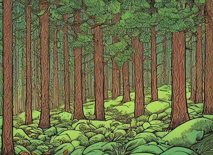 Prompt: an illustration of a forest by dan mumford, flat colors, beautiful, aesthetic