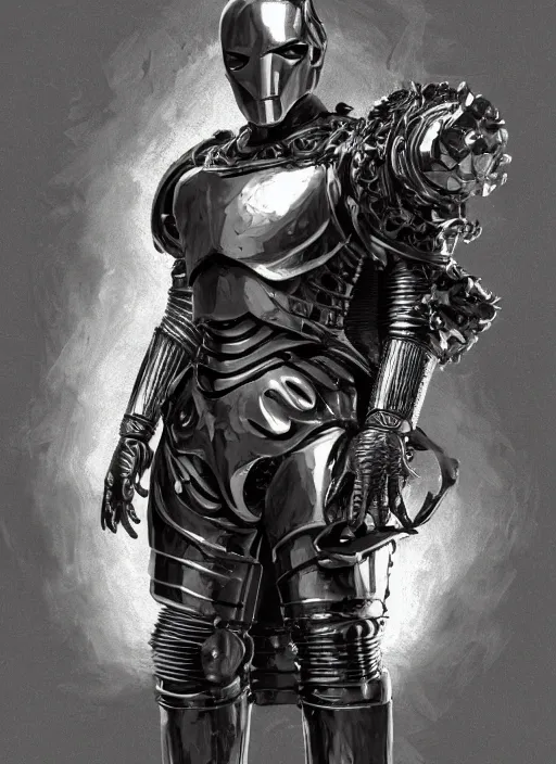 Image similar to powerful male tin man, christian bale as tinman, full body character concept, covered in full metal armor, plating, art nouveau, super powers, fantasy, intricate, elegant, highly detailed, digital painting, artstation, concept art, shining, sharp focus, illustration, art by stanley lau