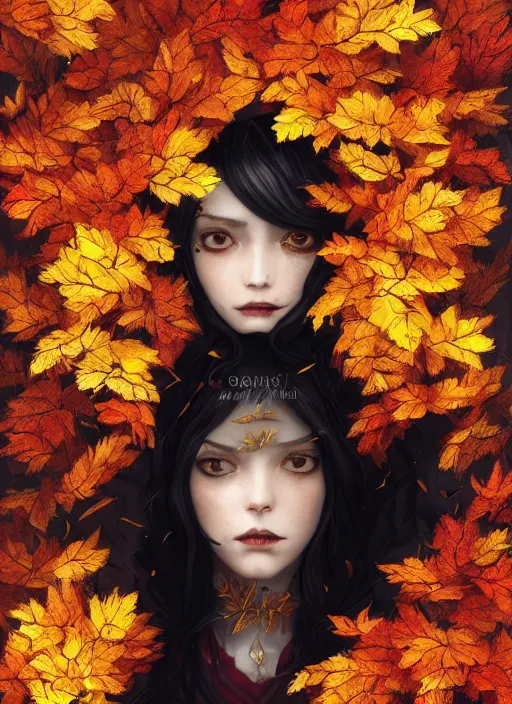 Image similar to gold red black color, golden leaves at frame border, creative!!! composition for a book cover!!!, absurdly beautiful, ultrafine hyperrealistic detailed old witch face by wlop and artgerm and greg rutkowski, intricate linework, sharp focus, smooth, octopath traveler, final fantasy, unreal engine, dramatic lighting, ethereal, 8 k