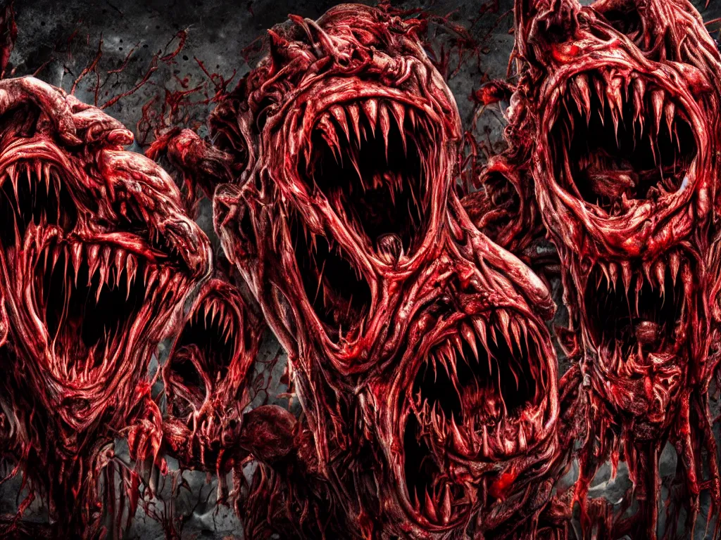 Prompt: twisted demonic creatures screaming, sun dripping blood, horror, grotesque, monstrosity, accursed, insanity, nightmare, High Definition detail, 8K