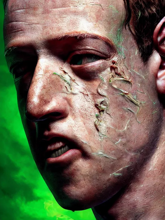 Image similar to portrait of a mark zuckerberg, skin peeling away to reveal bright green! reptile! scales!, forked tongue, art by ryo shiotani and greg rutkowski, intricate, beautiful, cinematic lighting, vintage art by serge ivanoff, high resolution, very detailed