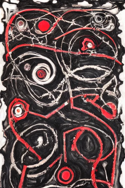 Prompt: a black and red crimson biomechanical talisman of eternal knowledge, aurora borealis, eclipse by maggi mcdonald, jackson pollock, mark rothko, sabina klein
