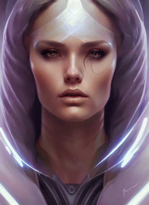 Image similar to futuristic woman portrait, sci-fi, amber eyes, face, long hair, fantasy, intricate, elegant, highly detailed, digital painting, artstation, concept art, smooth, sharp focus, illustration, art by artgerm and greg rutkowski and alphonse mucha