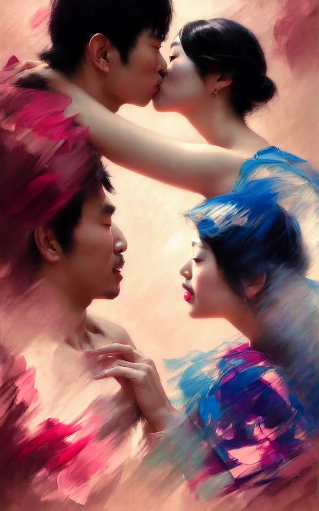 Image similar to photography of asian couples kissing each other, deep focus, volumetric light, colourful, sharp, detailed, digital painting by rolf armstrong, jeremy lipkin and michael garmash, rob rey and kentaro miura style, pinterest behance top picks