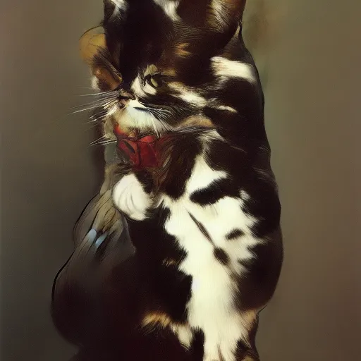 Prompt: realistic painting of a cat wearing a tuxedo, ultra long lens, 8 k, ultra, realistic, art by alphonse mucha