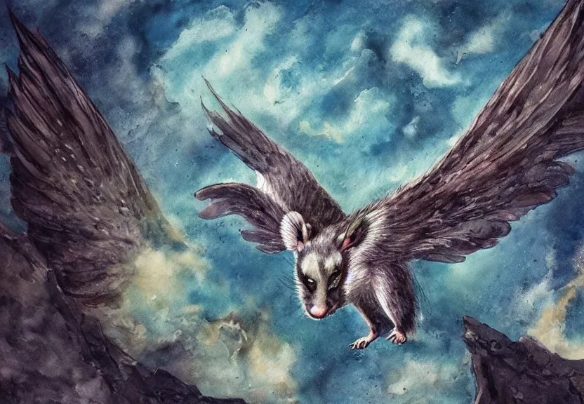 Image similar to legendary winged possum flying over a medieval castle under a dark starred sky, dark fantasy, watercolor, dreaming illusion, highly detailed, 4k, trending on Artstation, award-winning