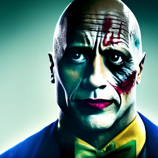 Prompt: dwayne johnson as the joker, studio photography, high detail, ultra high detail, 4 k, hdr, 8 k