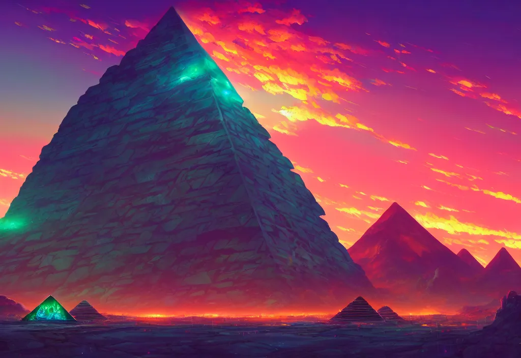 Prompt: a small futuristic pyramid with neons at dawn with rock piles in the background, intricate oil painting, high detail illustration, sharp high detail, manga and anime 1 9 9 9, official fanart behance hd artstation by jesper ejsing and makoto shinkai, 4 k,