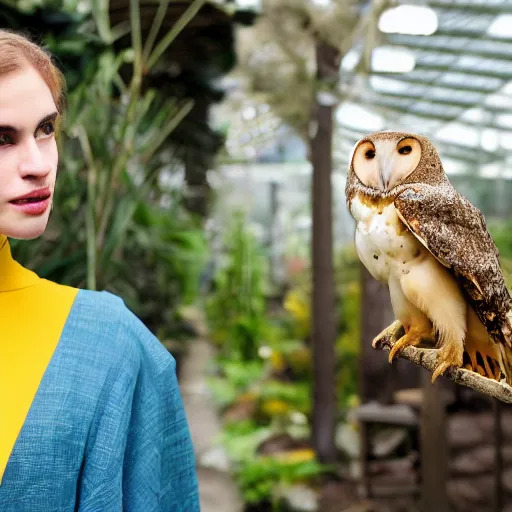 Image similar to head to shoulder portrait film photograph of an elegant top model wearing a yellow kimono with a very detailed barn owl on her shoulder!!! in a tropical greenhouse. looking at the camera!!. super resolution. 85 mm f1.8 lens.bokeh. graflex. by Alessio albi ! -