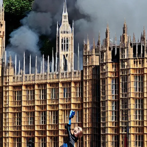 Prompt: Liz truss and Rishi sunak burning down parliament. Daily Telegraph.