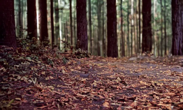 Prompt: kid looking at camera in forest at dusk, colorized 70s photo, out of focus, motion blur, cctv footage, horror movie, horror lighting, blair witch project, old photo, found footage