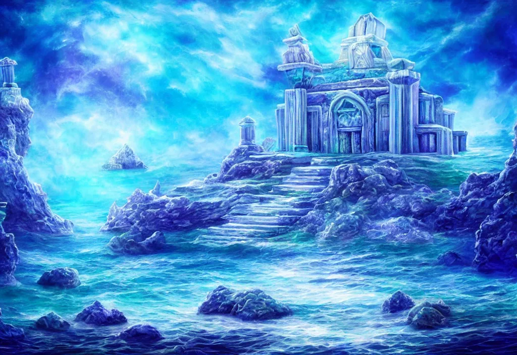 Image similar to ocean temple made out of crystalline blue stone, fantasy, mystical, ocean, 3 d, painting, ocean, water