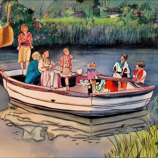 Image similar to The drawing depicts a group of well-dressed women and children enjoying a leisurely boat ride on a calm day. The women are chatting and laughing while the children play with a toy boat in the foreground. by Dustin Nguyen, by William Wray delicate