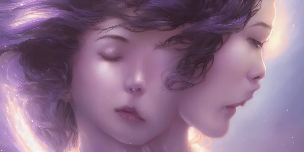 Image similar to one female wizard with lavender skin with blazing trails of light, nge, dark fantasy, three quarter profile face closeup, intricate, highly detailed, digital painting, volumetric light, artstation, concept art, smooth, sharp focus, illustration, art by gil elvgren and greg rutkowski and luis royo, and alphonse mucha, 8 k