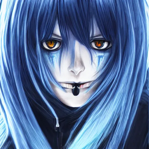 Prompt: drawing of rimuru tempest, sky blue straight hair, long bangs, with amber eyes, wearing a black jacket, high collar, ultra detailed, brush strokes, skin texture, digital painting, cinematic, wlop artstation, closeup, pixiv, eerie, scary, intimidating glare, evil, junji ito, yoshitaka amano