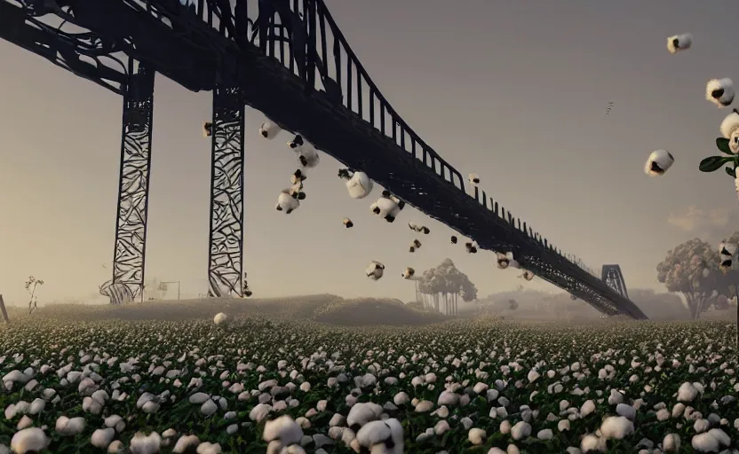 Image similar to explosions in the form of realistic cotton plants cover harbour bridge, huge cotton plants everywhere, smooth, sharp focus, highly detailed, 3 d octane render, epic lighting, dark atmosphere, lots of cotton plants, 8 k, by goro fujita