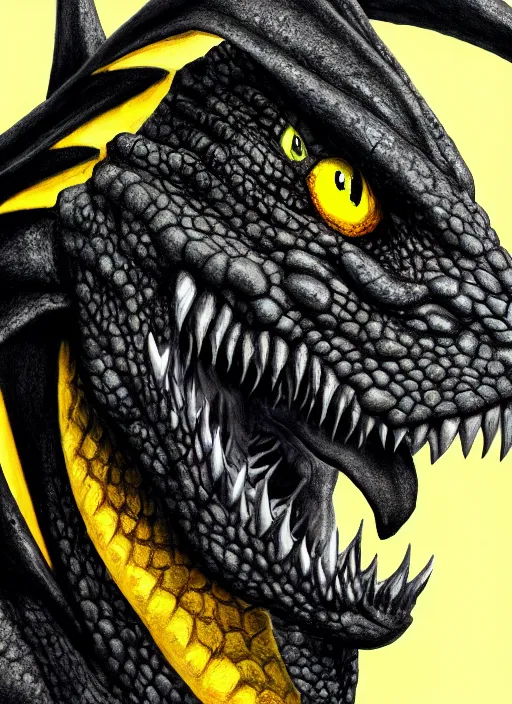 Image similar to closeup portrait of black dragon head with yellow eyes, ultra realistic, fantasy, magic, dnd,