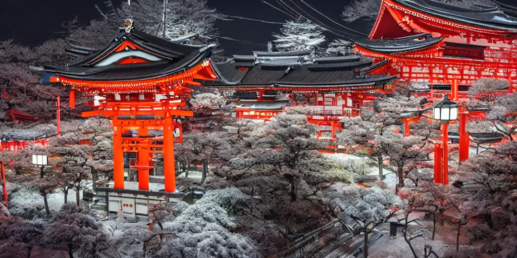 Image similar to a Japanese cyberpunk shrine, snowing, photograph,, sharp focus, intricate detail, drone shot, high resolution, 8k, neon streetlights, wires hanging down everywhere, Japan, colourful,,