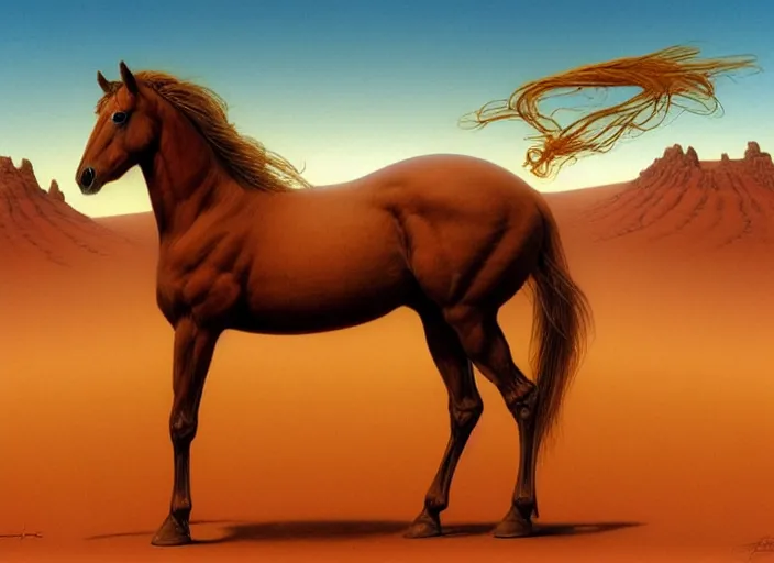 Image similar to horse standing in desert, intricate, elegant, highly detailed animal, digital painting, artstation, concept art, smooth, sharp focus, illustration, art by artgerm, bob eggleton, michael whelan, stephen hickman, richard corben, wayne barlowe, trending on artstation and greg rutkowski and alphonse mucha, 8 k