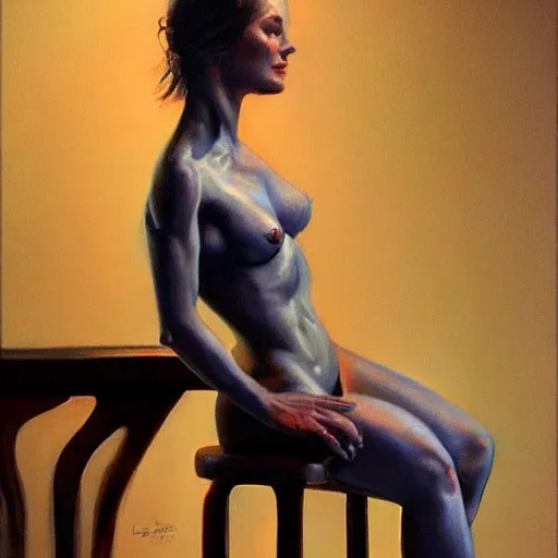 Image similar to artstation a woman posing on a stool, by Boris Vallejo, very detailed, , portrait, backlit