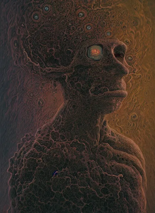 Image similar to dramatic portrait painting of human with black mandelbrot fractal instead of face, in style of zdzisław beksinski, dark, horror, body horror, scary,