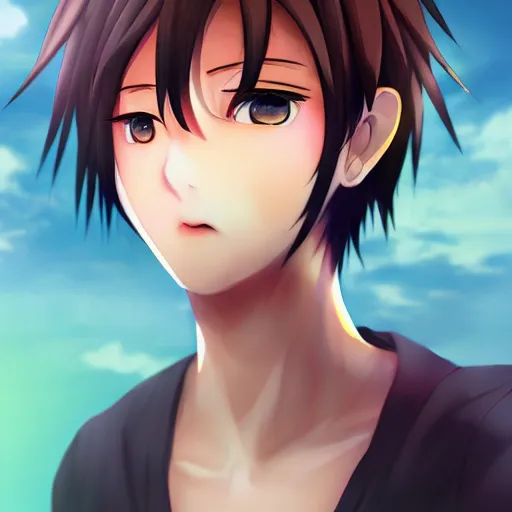 Image similar to cute anime boy standing by a large river,detailed face,detailed eyes, digital art , highly detailed , high contrast, beautiful lighting, award winning , trending on art station, photorealistic, 8k