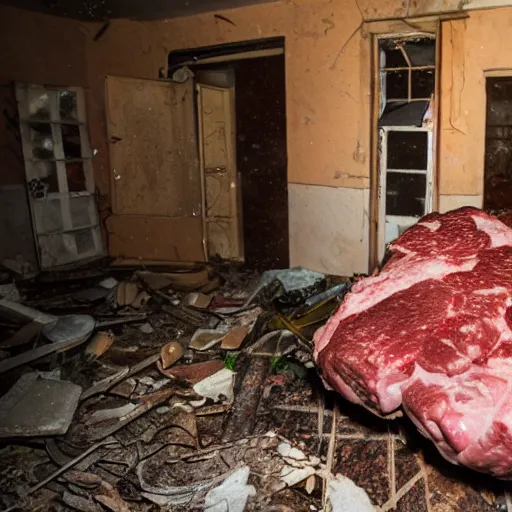 Image similar to flash photography of a male meat creature inside a abandoned house,