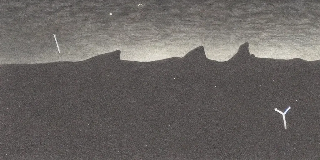 Prompt: A burning cross in the middle of the desert drawn by Caspar David Friedrich, dune, highly detailed, night, stars