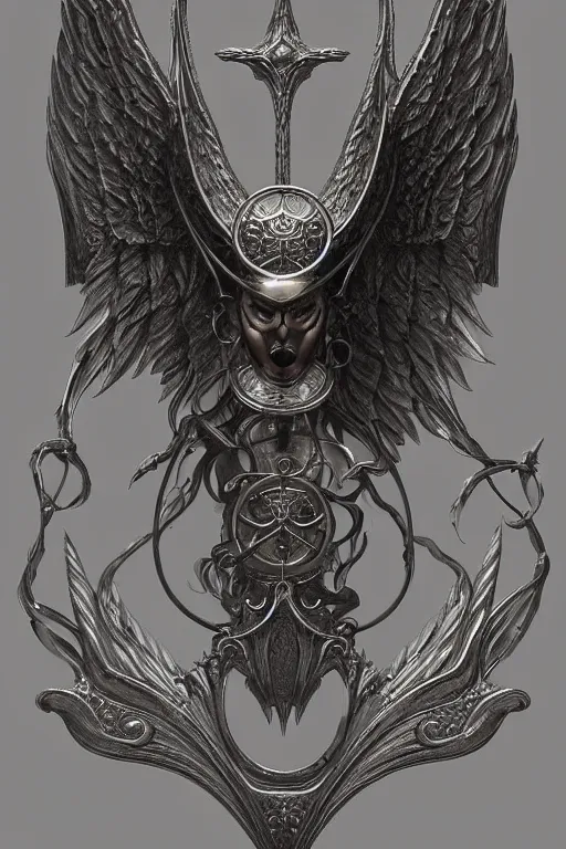 Prompt: Old alchemic symbol of archangel Gabriel. Symbol made out of metal. Cooper lining ,intricate, elegant, highly detailed, digital painting, artstation, concept art, smooth, sharp focus, illustration, art by Ilja Repin