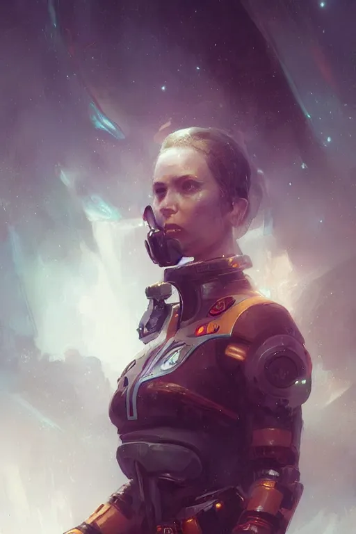 Prompt: A full portrait of a scifi heavy deep space freighter pilot, by Raymond Swanland Greg Rutkowski Lise Deharm, {perfect face}, {perfect eyes}, elegant regal posture