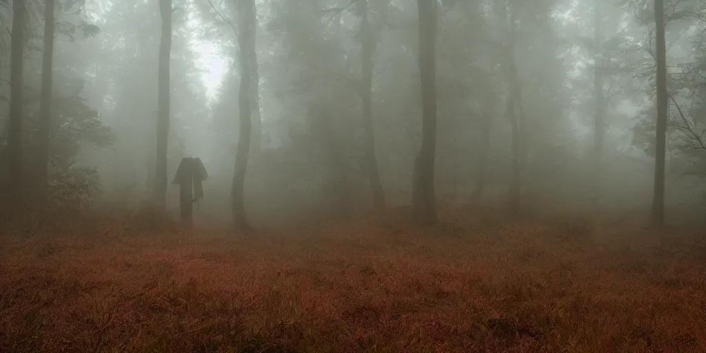 Image similar to ghosts haunting me in the foggy forest, death, clouds, red bloody moon, 8k, ultra realistic