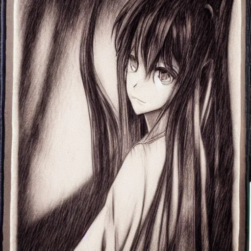 Prompt: Kurisu from Steins Gate portrait, mezzotint