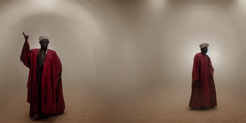 Prompt: a cinematic portrait of an old african man dressed in leather robes, in a small brilliant white prison cell, red color theme, dust storm, annie leibovitz and zack snyder, 8 k, hd, high resolution, 8 5 mm, f / 1. 8