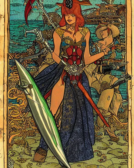 Prompt: a shark skin pirate queen with melee weapons by ivan bilibin