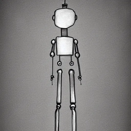 Prompt: skinny robot stick figure character concept art, pencil drawing