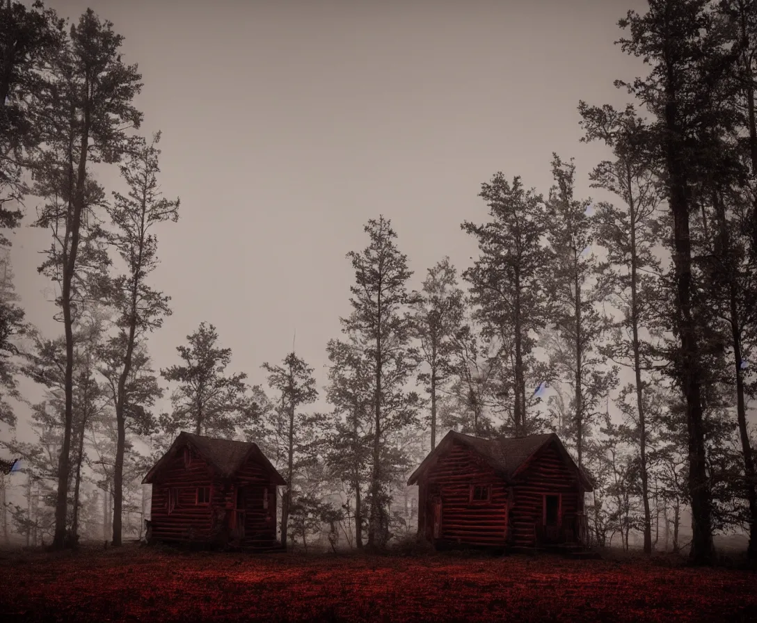 Prompt: a creepy cabin in the middle of a foggy haunted forest, nightmare, horror, haunting, soft tones, red sky, ominous lighting, dark, stormy