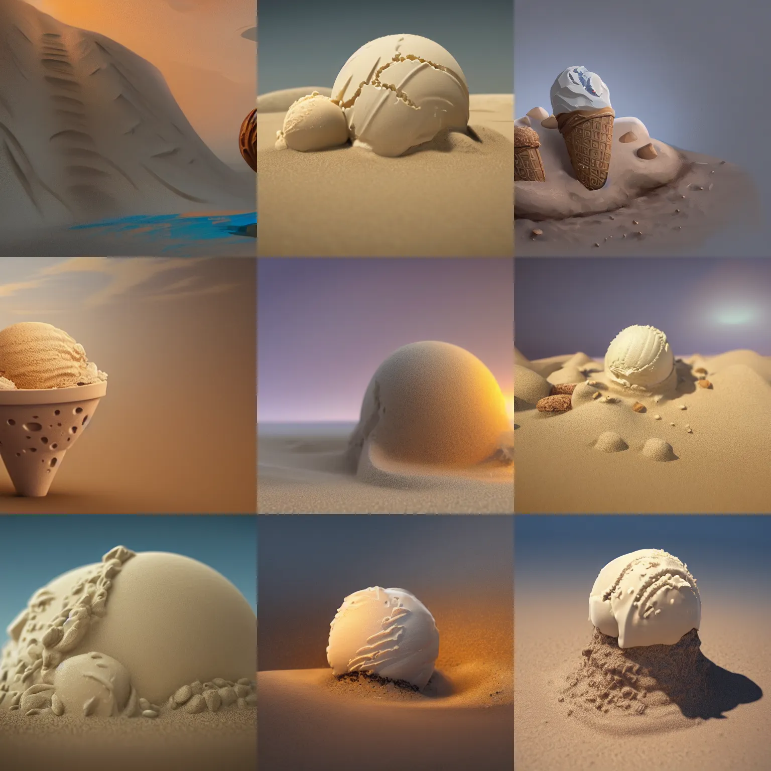 Prompt: icecream made from sand, handsome, intricate, detailed, volumetric lighting, scenery, digital painting, highly detailed, artstation, sharp focus, illustration, concept art, 8 k, no blur