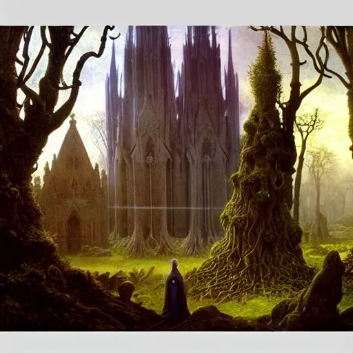 Image similar to a beautiful and highly detailed matte painting of an elven cathedral in a magical celtic forest, otherworldly trees and plants and flowers, detailed spires, wide angle, by caspar friedrich, albert bierstadt, james gurney, brian froud,