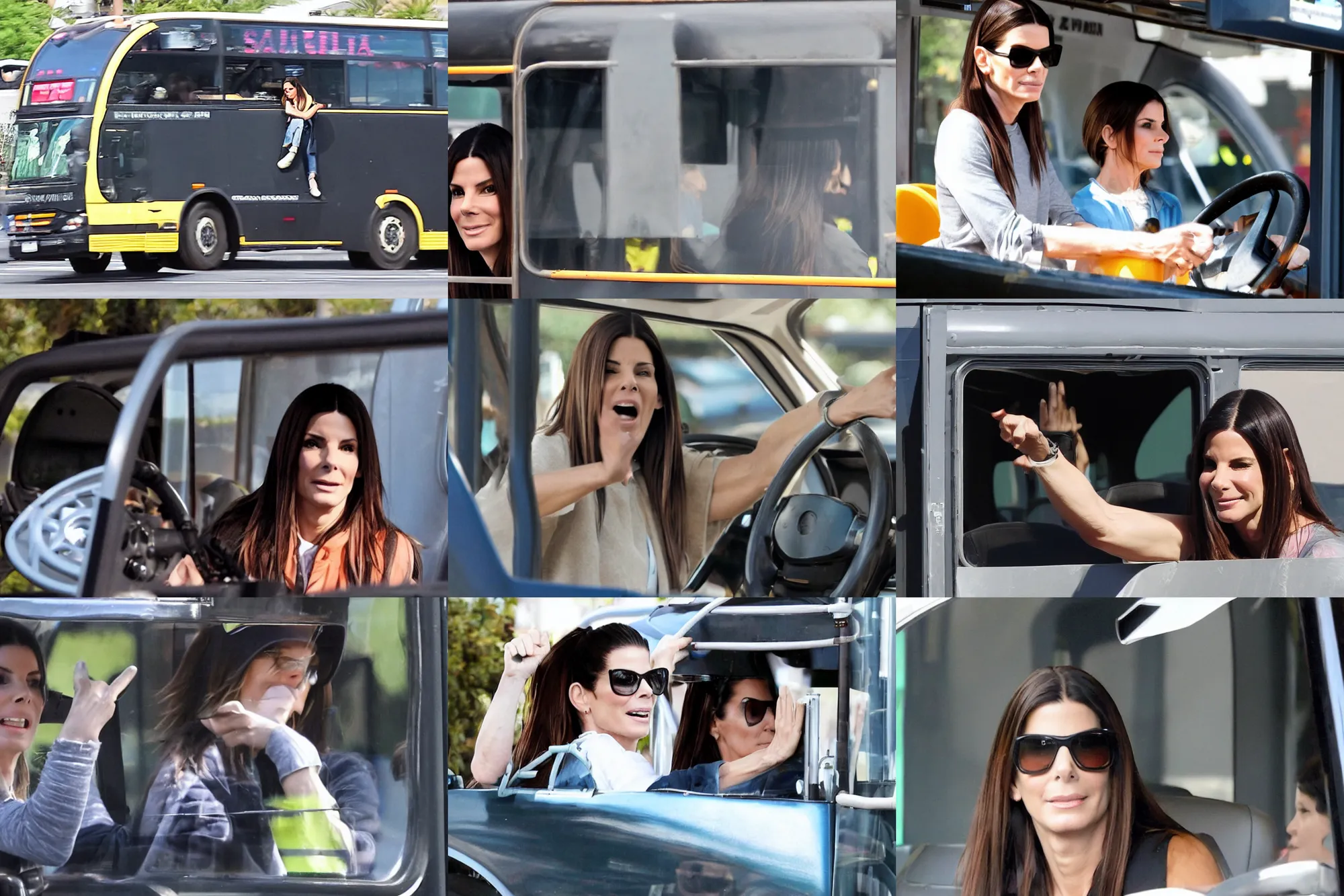 Prompt: panicked chauffeur Sandra Bullock driving a large bus with a big wheel