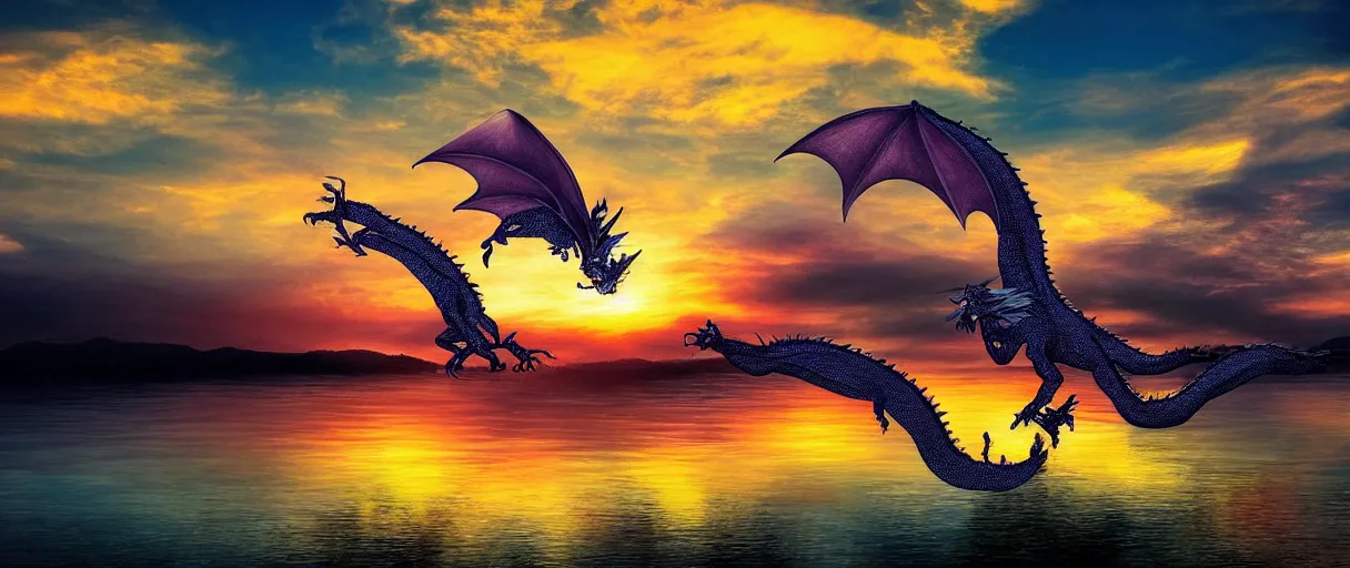 Image similar to dragon flying over a lake, silver scales, sunset, colorfull