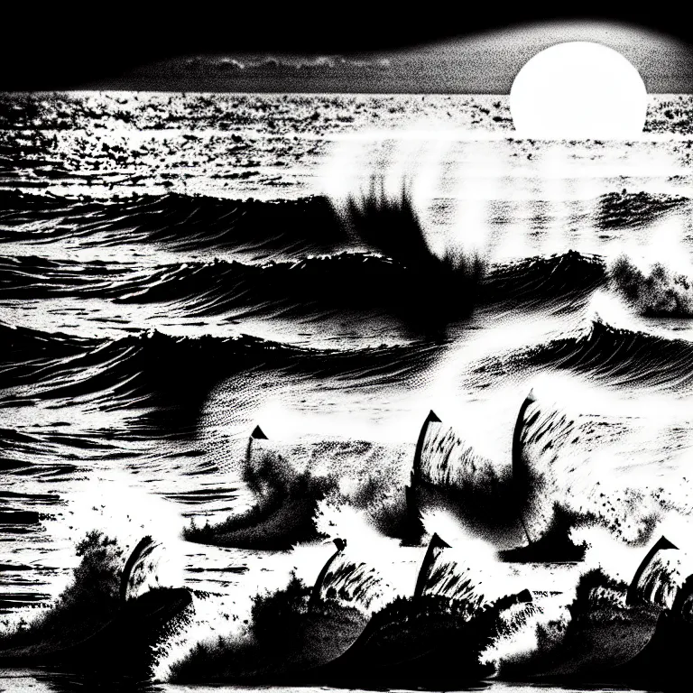 Prompt: corn floating in ocean, waves, sunrise, vintage coutry style, black and white, detailed