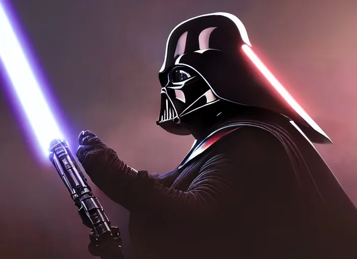 Image similar to a Photorealistic dramatic hyperrealistic render of darth vader with lightsaber drawn facing off against a calm cute corgi in battle, futuristic star wars vibe, by WLOP and Artgerm and Greg Rutkowski and Alphonse Mucha, Beautiful dynamic dramatic dark moody lighting, shadows, cinematic atmosphere, Artstation, concept design art, Octane render, 8K, masterpiece, sharp focus