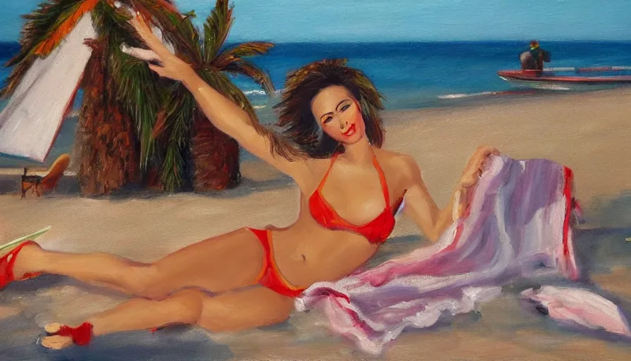 Prompt: an oil painting of rosalia the spanish singer in a bikini on a beach sipping a mojito